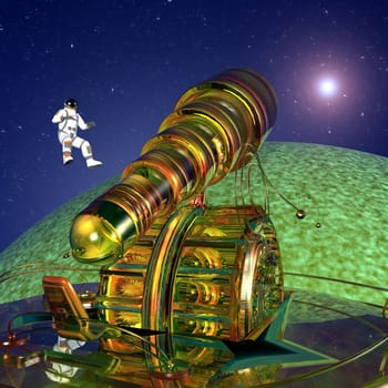 Computer-generated 3D illustration with a giant telescope,an astronaut and a planet