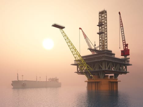 Computer-generated 3D illustration with a supertanker and a drilling rig