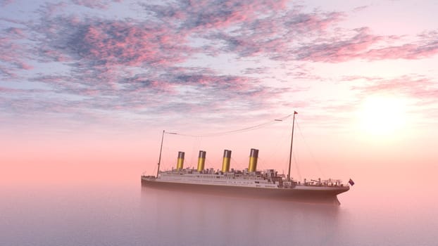 Computer-generated 3D illustration with an ocean liner at sunset