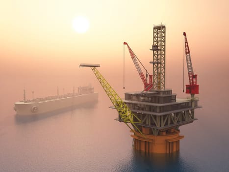 Computer-generated 3D illustration with a supertanker and a drilling rig