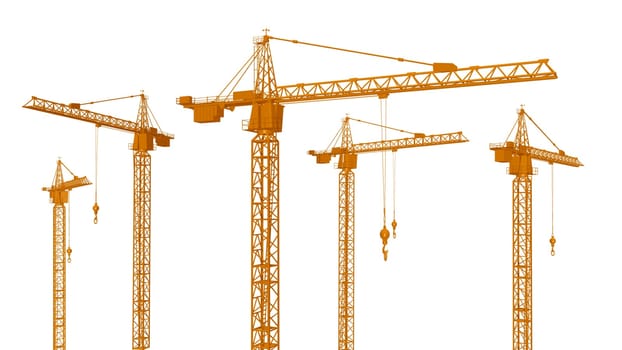 Computer-generated 3D illustration with construction cranes isolated on white background