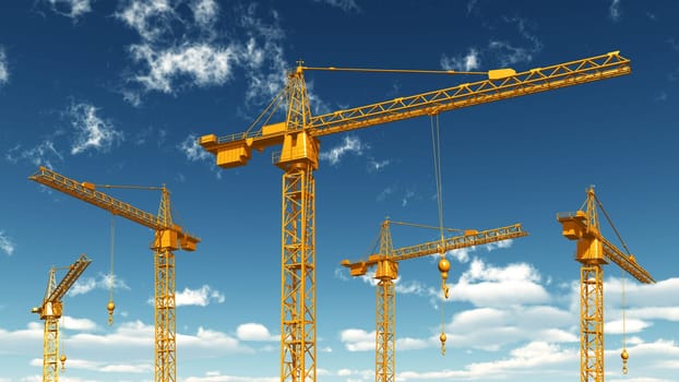 Computer-generated 3D illustration with construction cranes
