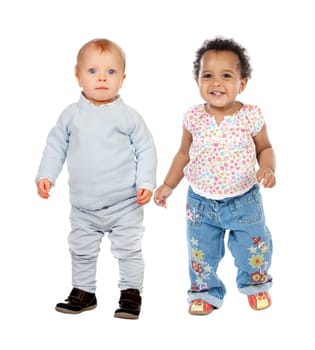 Cute babies standing isolated on white background