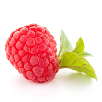 Raspberries with leaves isolated on white background