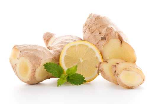 Ginger root and lemon slice isolated on white background.