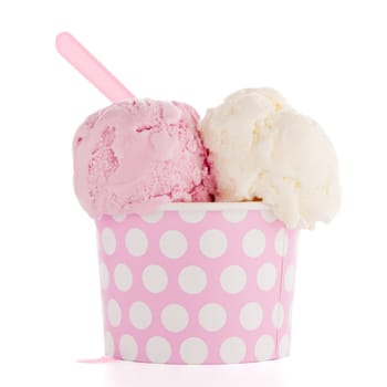 Ice cream scoop in paper cup on white background.