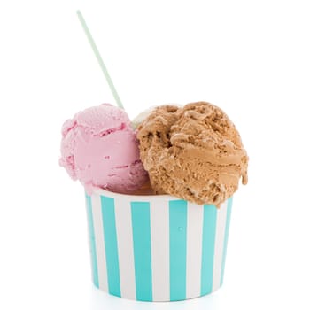 Ice cream scoop in paper cup on white background.