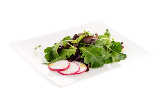 Salad mix with rucola, frisee, radicchio and lamb's lettuce. Isolated on white background.