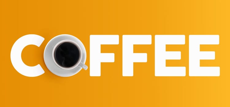 Coffee concept banner design with text and mug from top view on color background.