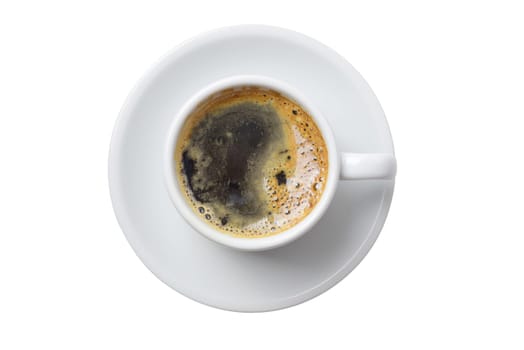 Single cup of coffee top view with plate isolated on empty white background. Clipping path included, so you can easily copy and paste it on your own design.