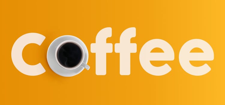 Top view of coffee mug, concept text banner on empty colorful background.