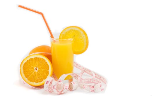 halved oranges and fresh orange juice isolated on white
