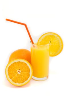 halved oranges and fresh orange juice isolated on white