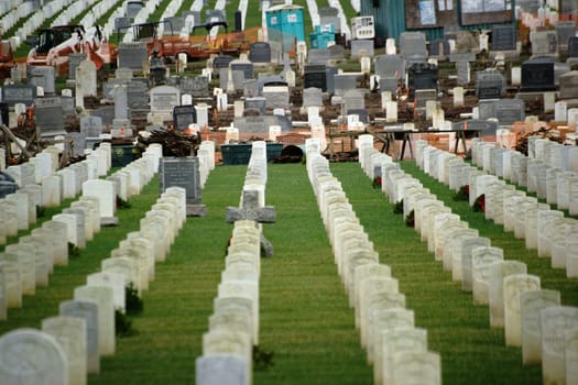 San Fransisco,United States - December 21,2015: Cleanup,preservation of monuments and construction work at the U.S. National Cemetery in San Fransisco with graves of fallen soldiers on December 21,2015 in San Fransisco.