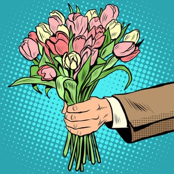 bouquet tulips flowers gift pop art retro style. The man congratulates the woman with a holiday. International womens day Valentines day birthday