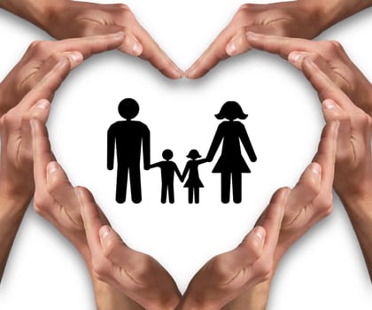 Hands arranged in a heart shape isolated on white background with a family illustration in the middle. Insurance, protection, love, and family concept