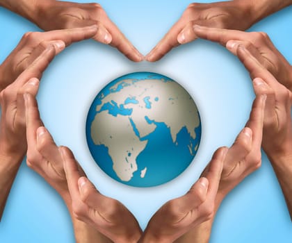 Hands make heart shape arround the Earth globe. Love and protect our planet concept. Earth day. Safe planet