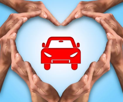 Hands make heart shape arround a car icon. Love and protect your car. Automobile vehicle insurance and collision damage waiver concepts.