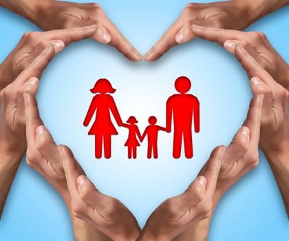 Hands make heart shape with a family in center. Love and protection concept. Family insurance