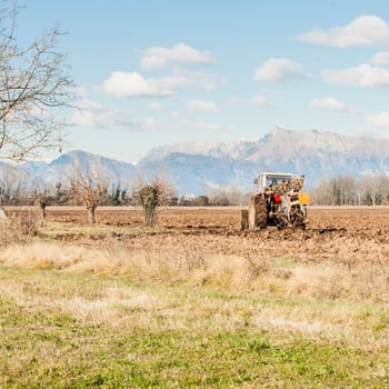Agricultural landscape. With tractor plowing a field. The mountains in the background.