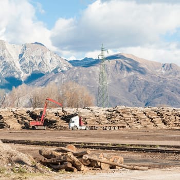 Storage of logs for the wood industry.   A crane loads trucks for transporting logs, in the background the mountains.