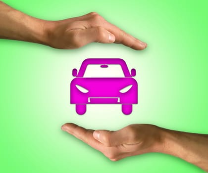 Two hands in position to protect a car. Insurance coverage, support, assurance, reliability concept
