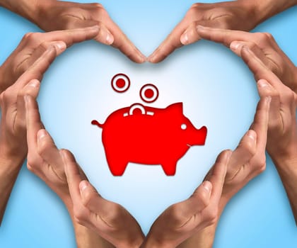 Hands make heart shape arround a money pig icon. Protect your money. Inusurance concept