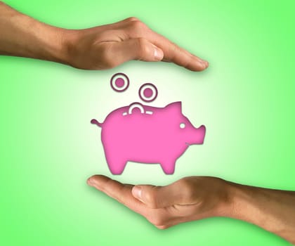 Two hands protecting piggy bank icon. Saving protect concept