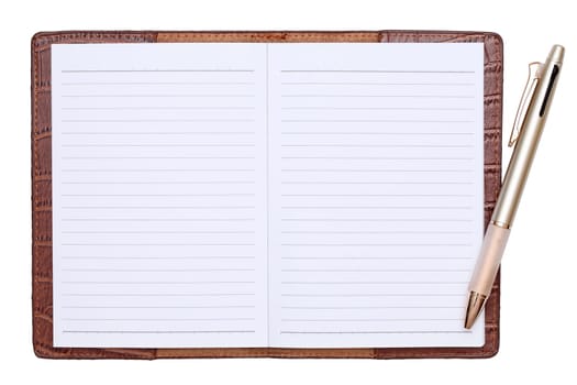 Brown leather notebook with ballpoint pen