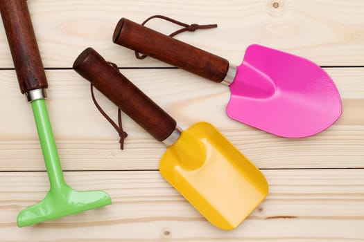 garden tools on wood background