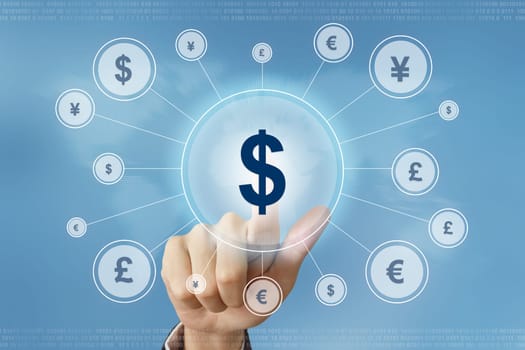 business hand pushing US dollar currency button with global networking concept