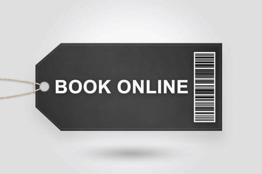 book online price tag with barcode and grey radial gradient background