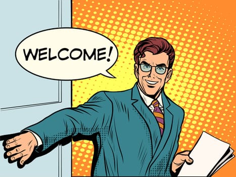 Welcome businessman opens the door pop art retro style. Input. The beginning of the business meeting