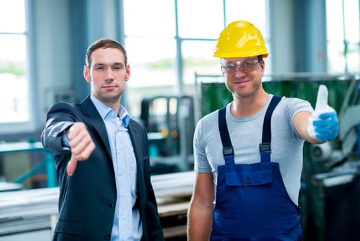 collective bargaining- boss and worker with thumbs up and down