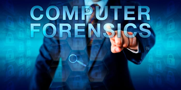 Forensic expert is pressing COMPUTER FORENSICS onscreen. A virtual magnifying glass icon is hovering over locked hexagonal data packets. Technology concept for an investigation into computer crime.