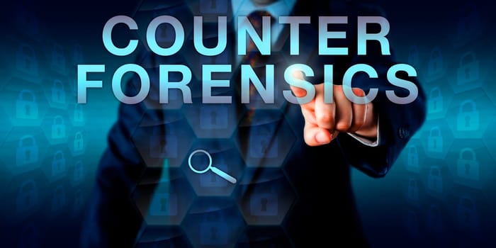 Forensic examiner is pushing COUNTER FORENSICS. Fading locked padlock icons embedded in hexagons do signify data hiding and artifact wiping, while a virtual loupe represents the attempted analysis.