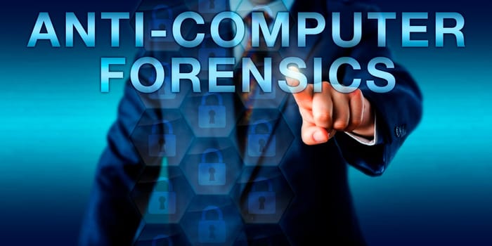 Investigator is pushing ANTI-COMPUTER FORENSICS onscreen. Fading hexagons enclosing locked lock icons do represent data hiding, wiping of digital artifacts and obfuscation of electronic evidence.