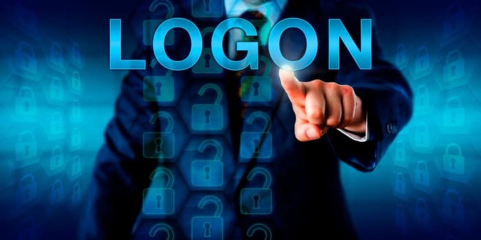 Business client pressing LOGON on a touch screen interface. A set of unlocked virtual locks in a coding matrix represent authorized access upon successful identification. Security technology concept.