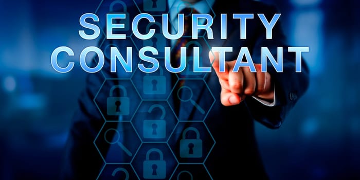 Cyber professional is pushing SECURITY CONSULTANT on a screen. Magnifier icon, locked and open padlocks embedded in a virtual security protocol matrix represent tasks in the protection of networks.