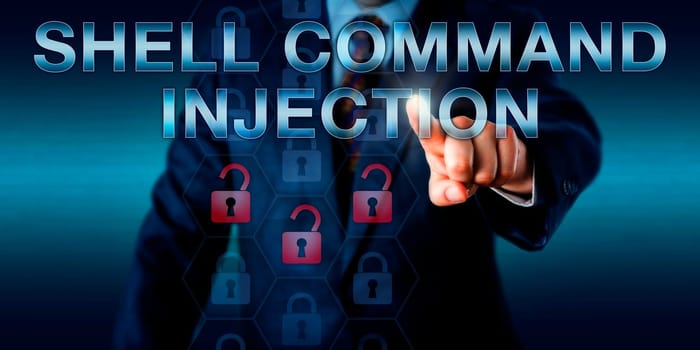 Software developer pushing SHELL COMMAND INJECTION onscreen. Three opened lock icons light up in a code matrix to signify a loss of data confidentiality and unauthorized access by a remote attacker..