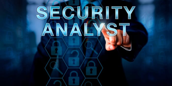 Corporate investigator is touching SECURITY ANALYST onscreen. Loupe icons stand for tools to detect vulnerabilities. Open and closed padlock icons represent damaged and intact data infrastructure.
