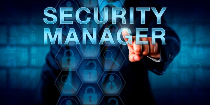 Recruitment agent touching SECURITY MANAGER onscreen. Male and female worker icons, magnifier, open and closed virtual locks reference tasks of staff scheduling and implementation of security tools.