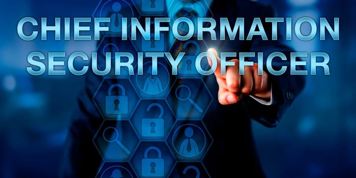 CEO touching CHIEF INFORMATION SECURITY OFFICER onscreen. Magnifier icon and padlock refer to hands-on technical work of this C-level executive role. Worker symbols relate to people skills of a CISO.
