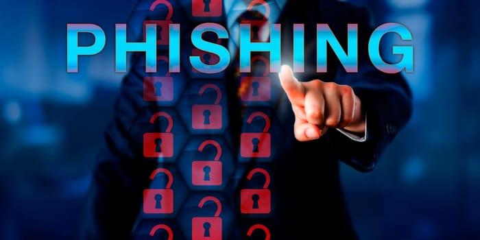 IT administrator pushing PHISHING. Red unlocked padlock icons in a hexagonal security matrix do represent an exploit of current web security technology and a malicious attack on sensitive data.
