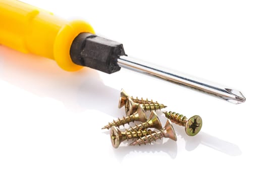 Screws and screwdriver isolated on white background.