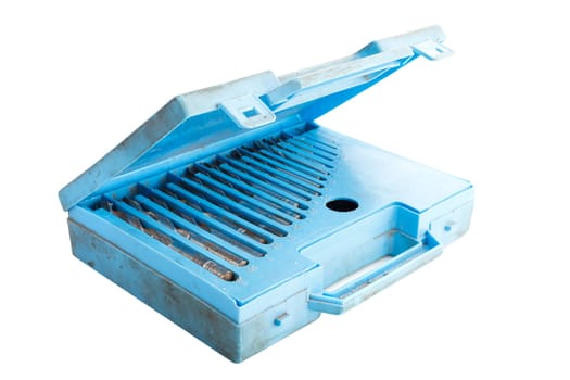 Drill bit set in box  on white background