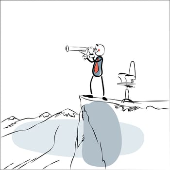 Business leader looking far. Line art comic style. Businessman on top of a cliff. Looks through a telescope