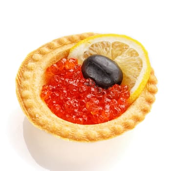 Delicious buffet,  sandwiches with caviar, olives and lemon on  white background