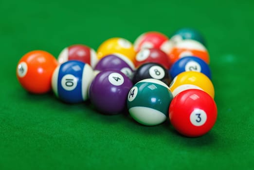 Billiard balls in a green pool table, game