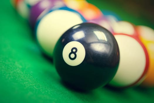 Different points of view billiard balls on a blue pool table,Black number eight